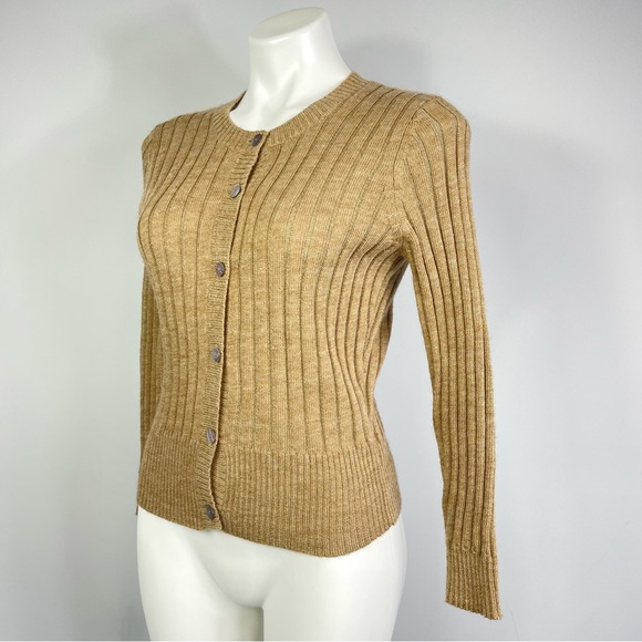 Vera Wang Lavender Label Camel Crewneck Ribbed Wool Alpaca Cardigan Sweater S - Picture 5 of 16